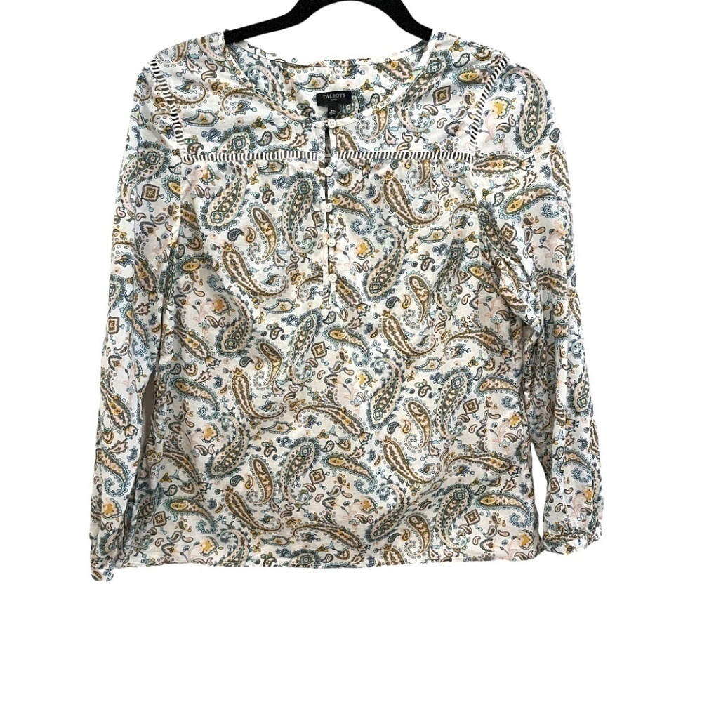 Talbots Petite Long Sleeve BoHo Style 100% Cotton Paisley Relaxed Fit Top MP
